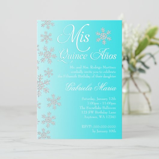 ティール(緑がかった色)ファンシースノーフレークウィンターワンダーランドキンセアニェラ 招待状 (スタンド正面)