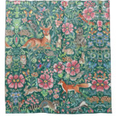 ティール(緑がかった色)ファンタジー森林森林ウッドランド動物かわいらしフローラ シャワーカーテン (正面)