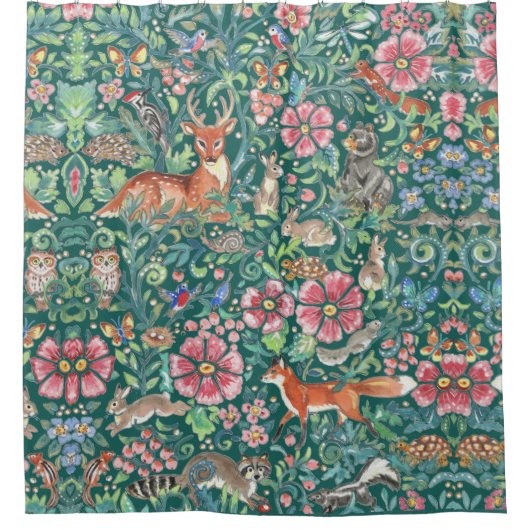 ティール(緑がかった色)ファンタジー森林森林ウッドランド動物かわいらしフローラ シャワーカーテン (正面)