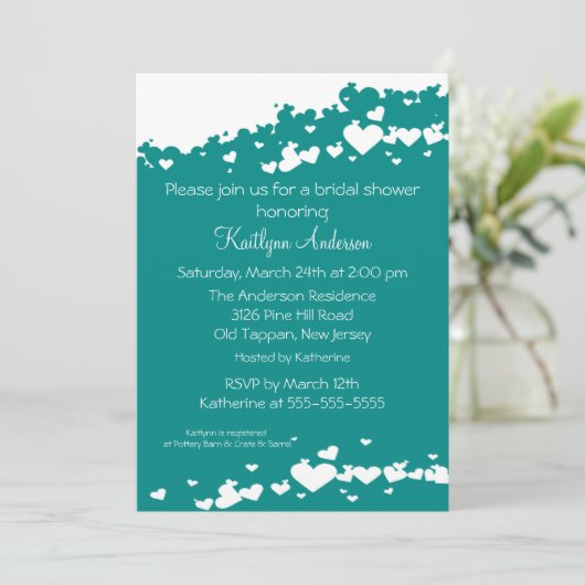 ティール(緑がかった色)フィールドオブハートブライダルシャワー招待 招待状 (スタンド正面)