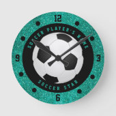 ティール(緑がかった色)フェイクグリッターボーイズサッカーボールサッカー ラウンド壁時計 (正面)