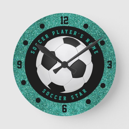 ティール(緑がかった色)フェイクグリッターボーイズサッカーボールサッカー ラウンド壁時計 (正面)