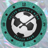 ティール(緑がかった色)フェイクグリッターボーイズサッカーボールサッカー ラウンド壁時計