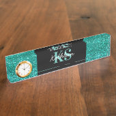 ティール（緑がかった色）フェイクグリッターモノグラムオフィスデスク名プレート デスクネームプレート (側面)