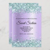 ティール（緑がかった色）フェイクグリッターラベンダーサテンフォイルスウィート16 招待状 (正面/裏面)