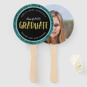 ティール（緑がかった色）フェイクグリッター大学院写真卒業 ハンドファン (正面&裏面)