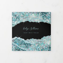 ティール（緑がかった色）フェイクグリッター3折パンフレット 三つ折りカード