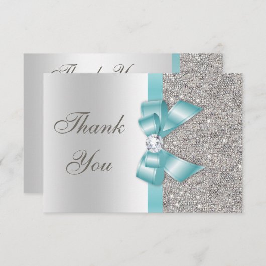ティール（緑がかった色）フェイクボウシルバーダイアモンズサンキュー サンキューカード (正面/裏面)