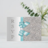 ティール(緑がかった色)フェイクボウシルバーダイヤモンドRSVP 出欠カード (スタンド正面)