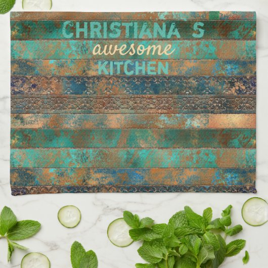 ティール(緑がかった色)フェイク褐銅パテインスパイアン キッチンタオル (折り畳み)