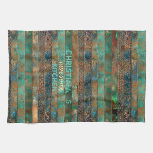 ティール(緑がかった色)フェイク褐銅パテインスパイアン キッチンタオル (横)