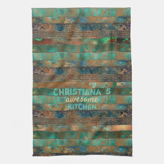 ティール(緑がかった色)フェイク褐銅パテインスパイアン キッチンタオル (縦)