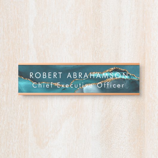 ティール（緑がかった色）フェイク金ゴールドグリッターオフィスのドアの標識名プレート サインプレート (正面)
