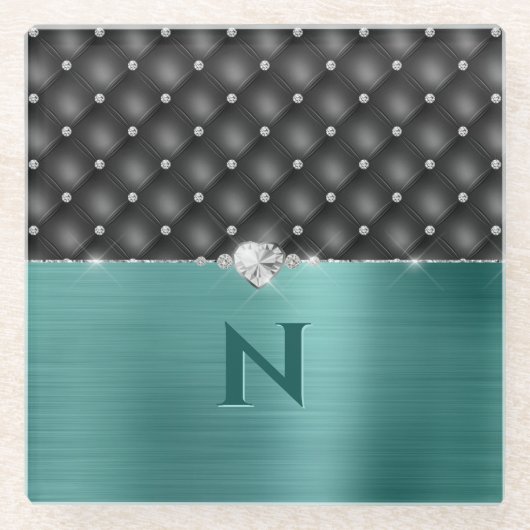 ティール（緑がかった色）フェイク金属グラムアップホルステリーとモノグラム ガラスコースター (正面)