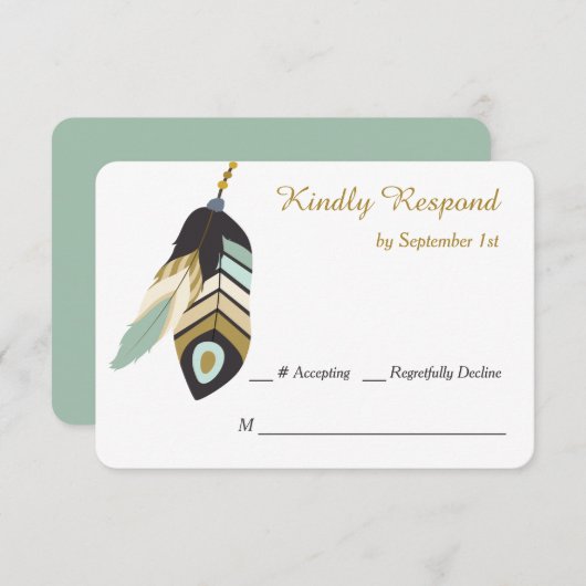 ティール(緑がかった色)フェザー結婚ドリームキャッチャー 出欠カード (正面/裏面)