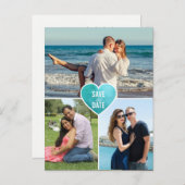 ティール（緑がかった色）フォイル愛ハート結婚式の日付を保存 案内ポストカード (正面/裏面)