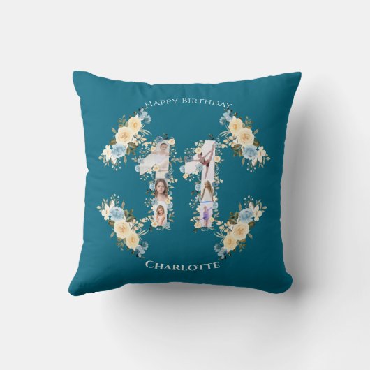 ティール(緑がかった色)フォトコラージイエローフラワー11誕生日 クッション (裏面)