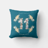 ティール(緑がかった色)フォトコラージイエローフラワー11誕生日 クッション (正面)