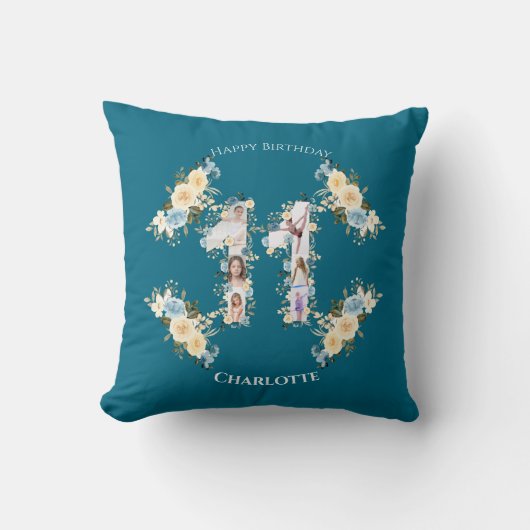 ティール(緑がかった色)フォトコラージイエローフラワー11誕生日 クッション (正面)