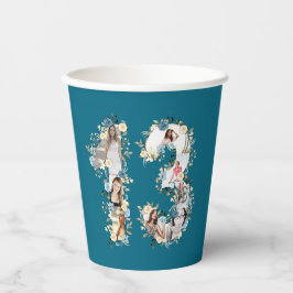 ティール（緑がかった色）フォトコラージイエローフラワー13誕生日 紙コップ