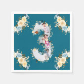 ティール（緑がかった色）フォトコラージブルーイエローフラワー3回目の誕生日 スタンダードカクテルナプキン (正面)