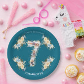 ティール(緑がかった色)フォトコラージブルーイエローフラワー7誕生日 ペーパープレート (パーティー)