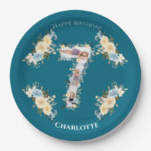 ティール(緑がかった色)フォトコラージブルーイエローフラワー7誕生日 ペーパープレート (正面)