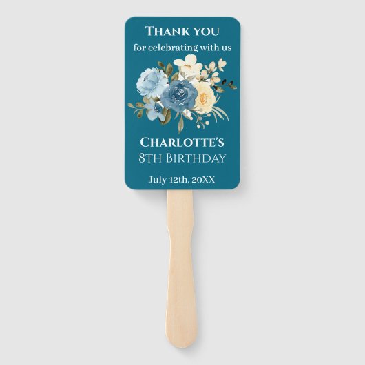 ティール（緑がかった色）フォトコラージブルーイエローフラワー8誕生日 ハンドファン (裏面)