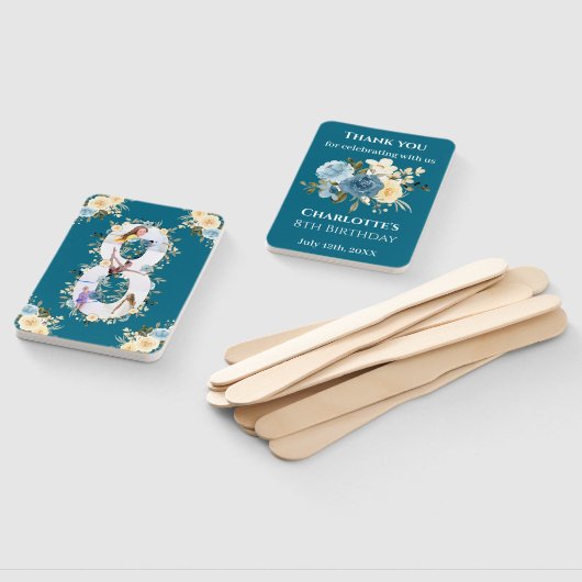 ティール（緑がかった色）フォトコラージブルーイエローフラワー8誕生日 ハンドファン (組立なし)