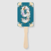 ティール(緑がかった色)フォトコラージブルーイエローフラワー9誕生日 ハンドファン (正面)