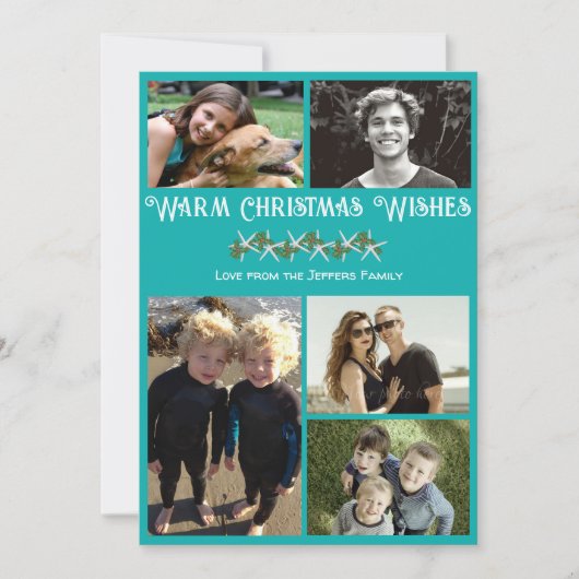 ティール（緑がかった色）フォトコラージュスターフィッシュクリスマスフラットカード シーズンカード (正面)
