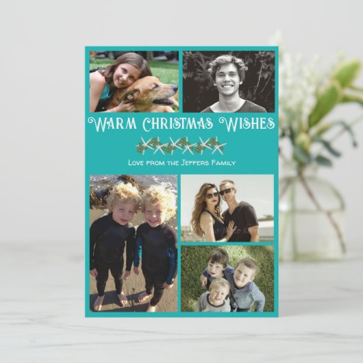 ティール（緑がかった色）フォトコラージュスターフィッシュクリスマスフラットカード シーズンカード (スタンド正面)