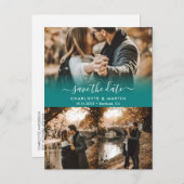 ティール（緑がかった色）フォトコラージュ日付はがきを保存 案内ポストカード (正面/裏面)