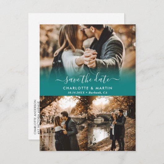 ティール（緑がかった色）フォトコラージュ日付はがきを保存 案内ポストカード (正面/裏面)