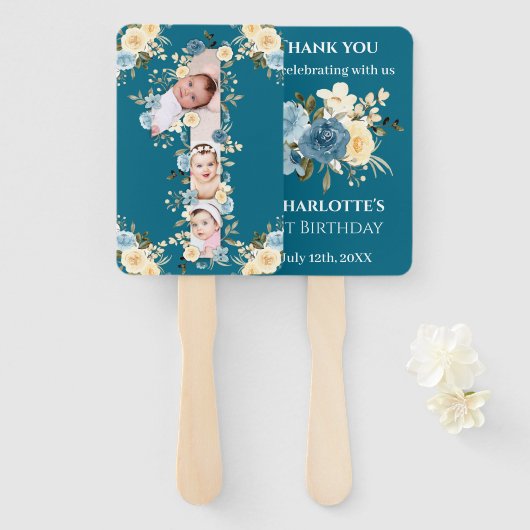 ティール（緑がかった色）フォトコラージュ第1期バースデーブルーイエローフラワー ハンドファン (正面&裏面)