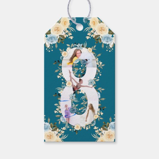 ティール（緑がかった色）フォトコラージュ第8誕生日ブルーイエローフラワー ギフトタグ (正面)