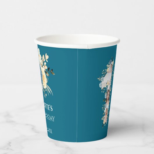 ティール(緑がかった色)フォトコラージュ12誕生日黄色い花 紙コップ (右)