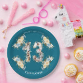 ティール（緑がかった色）フォトコラージュ13誕生日黄色い花 ペーパープレート (パーティー)