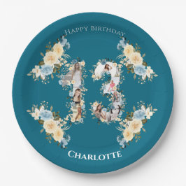 ティール（緑がかった色）フォトコラージュ13誕生日黄色い花 ペーパープレート