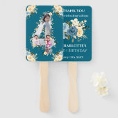 ティール（緑がかった色）フォトコラージュ4thバースデーブルーイエローフラワー ハンドファン (正面&裏面)