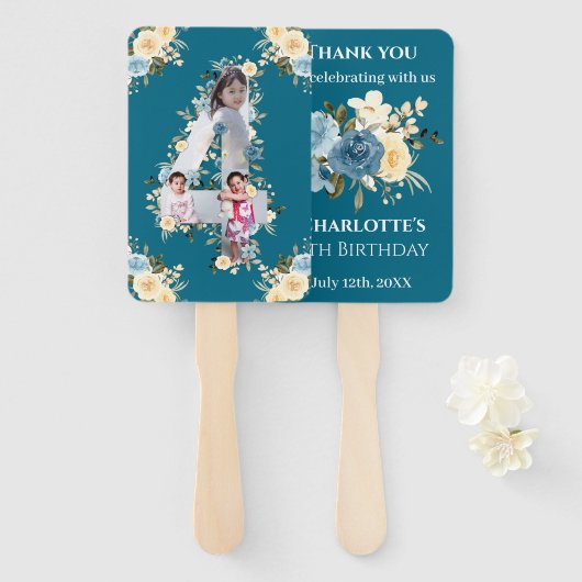 ティール（緑がかった色）フォトコラージュ4thバースデーブルーイエローフラワー ハンドファン (正面&裏面)