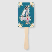 ティール（緑がかった色）フォトコラージュ4thバースデーブルーイエローフラワー ハンドファン (正面)