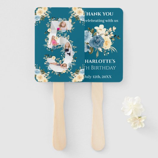 ティール（緑がかった色）フォトコラージュ5誕生日ブルーイエローフラワー ハンドファン (正面&裏面)