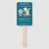 ティール（緑がかった色）フォトコラージュ5誕生日ブルーイエローフラワー ハンドファン (裏面)