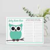 ティール（緑がかった色）フクロウベビー名レースベビーシャワーゲーム 招待状 (スタンド正面)