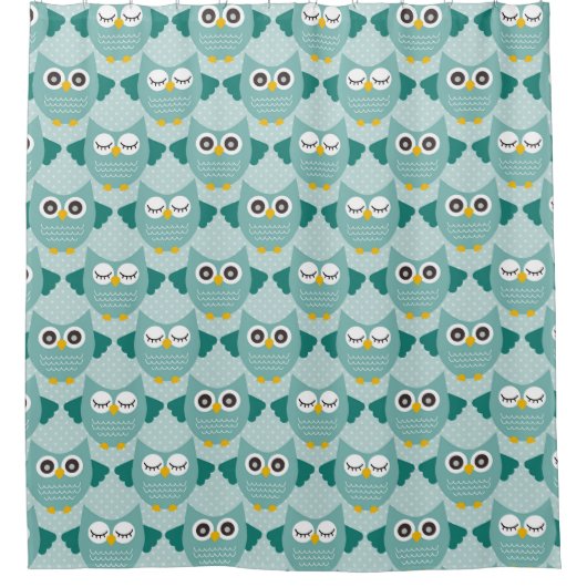 ティール（緑がかった色）フクロウ シャワーカーテン (正面)