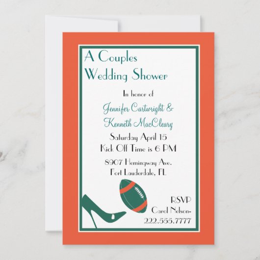 ティール（緑がかった色）フットボールカップルズウェディングシャワー招待状 招待状 (正面)