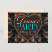 ティール(緑がかった色)フラクタルフェザーズディナーパーティの招待状 インビテーションポストカード (正面/裏面)