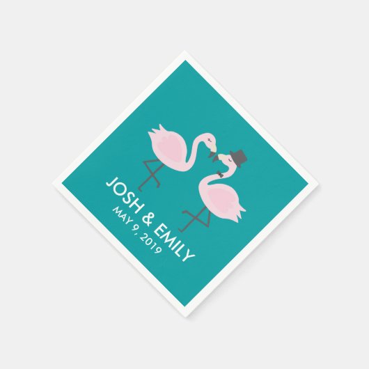 ティール(緑がかった色)フラミ結婚ンゴの新郎新婦ペア スタンダードカクテルナプキン (角)