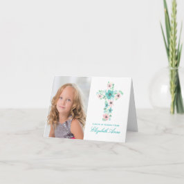 ティール(緑がかった色)フラワークロス第一聖餐会 サンキューカード